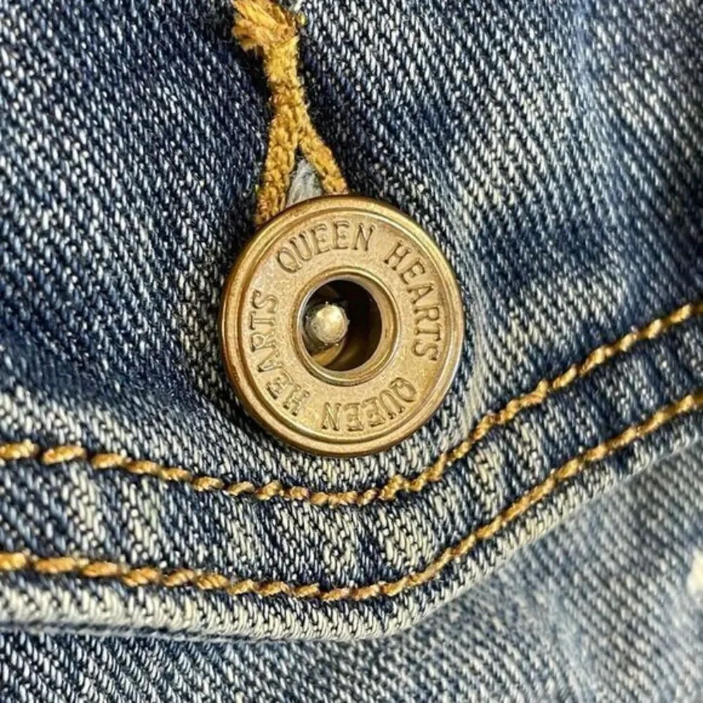 Queen Hearts Womens Long Denim Jacket‎ Blue Size Medium Distressed Grunge Rock - Picture 8 of 12